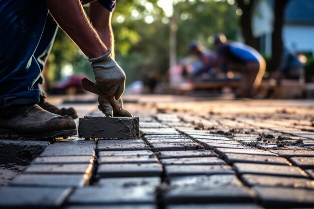 Photo paver laying concrete for a new sidewalk paver image photography