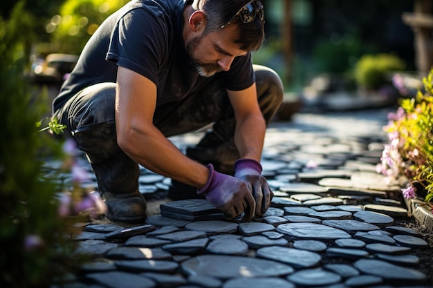 Photo paver laying decorative pavers for a landscaped area paver image photography