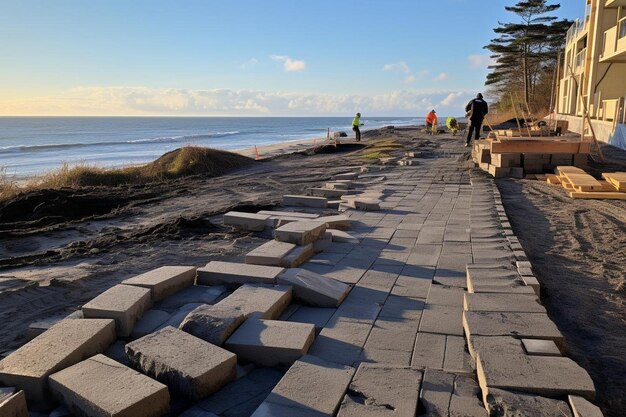 Paver op een bouwplaats aan de kust met oceaangolven op de achtergrond Paver beeldfotografie