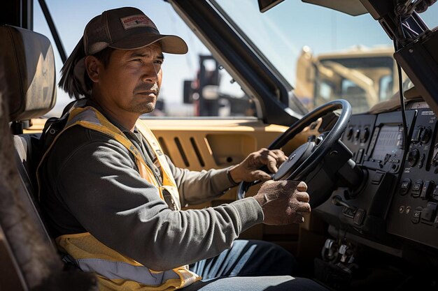 Photo paver operator adjusting controls on the dashboard paver picture photography