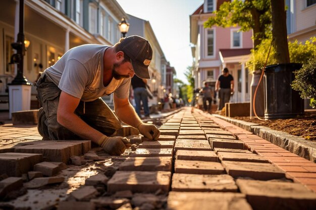 Pavers leggen geplaveide stenen in een historische wijk Paver beeldfotografie