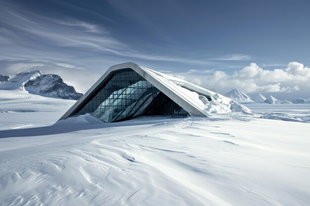 Pavilion in style of zaha hadid in snow glacier ai generative