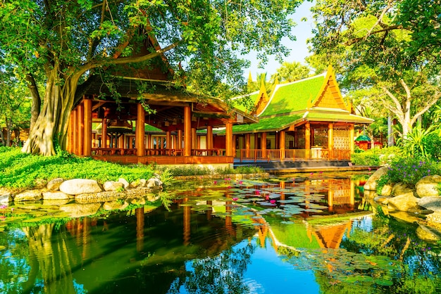 pavilion in Thai style with lake and tree