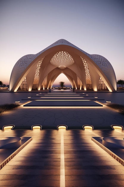 a pavilion with a light colored wooden walkway.