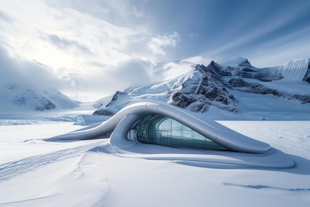 Paviljoen in de stijl van Zaha Hadid in de sneeuwgletsjer Ai generative