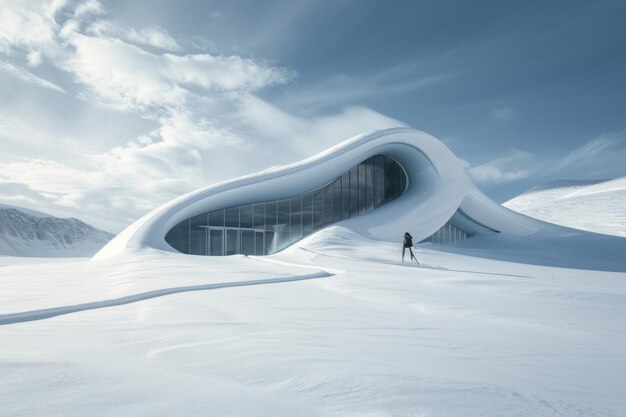 Paviljoen in de stijl van Zaha Hadid in de sneeuwgletsjer Ai generative