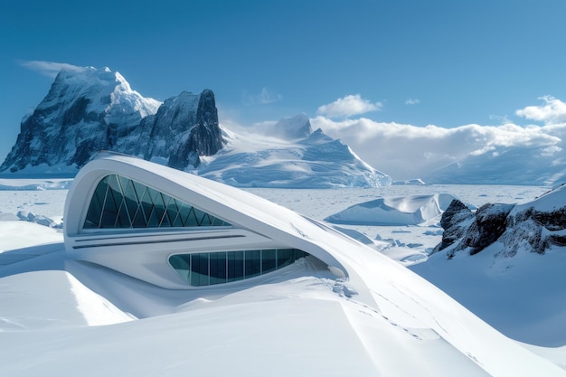 Paviljoen in de stijl van Zaha Hadid in de sneeuwgletsjer Ai generative