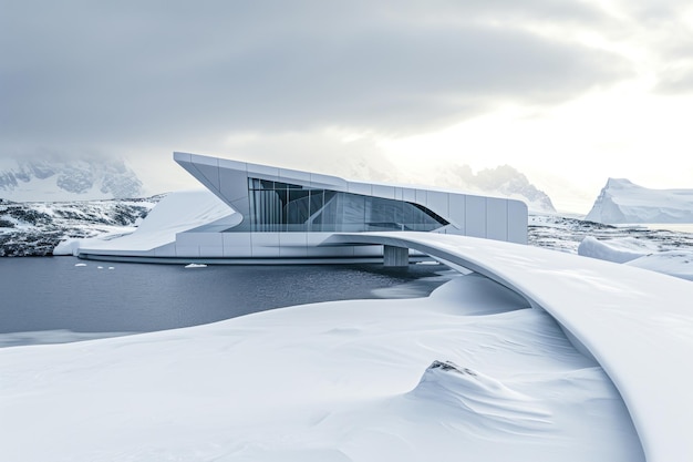 Paviljoen in de stijl van Zaha Hadid in de sneeuwgletsjer Ai generative