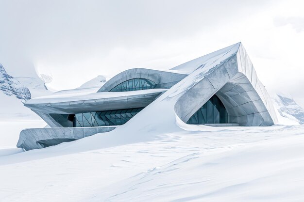 Paviljoen in de stijl van Zaha Hadid in sneeuwgletsjer Ai generatief