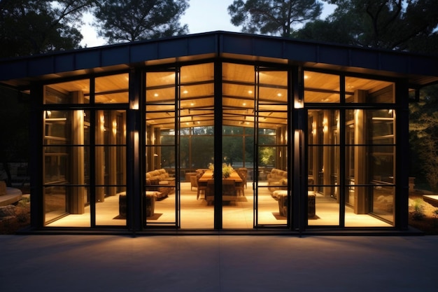 Paviljoen met uitzicht op de natuur Stalen frame houten glazen deuren Zwart loft modern huis Generatieve AI