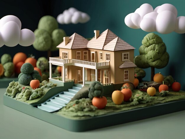 Photo a pavillon in a garden trees clouds in the sky with beautiful fancy paper art