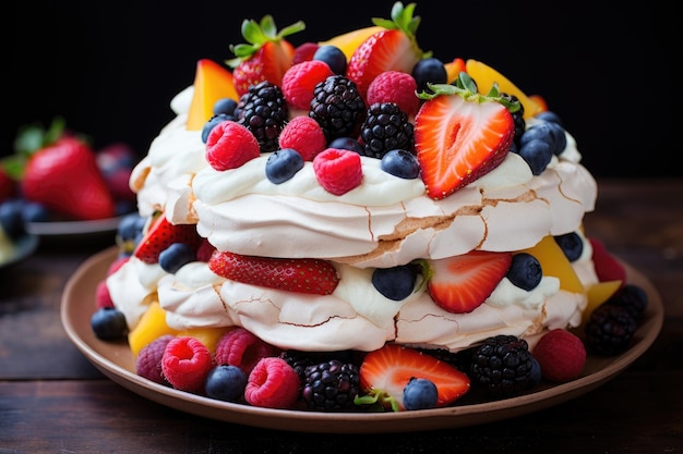 Pavlova cake topped with fruit Generative AI