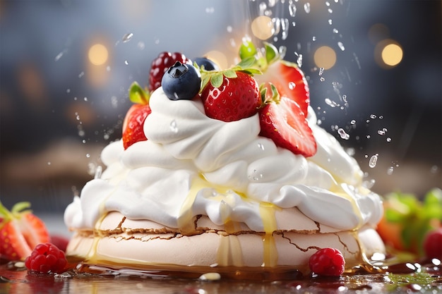 Pavlova dessert with fruits on top close up detailed product