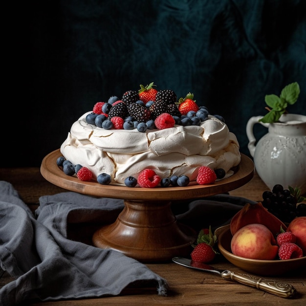 Pavlova meringue cake with fresh berries on wooden background