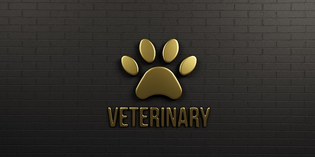 Ветеринарная икона Paw в золотой и черной кирпичной стене 3D-рендеринг