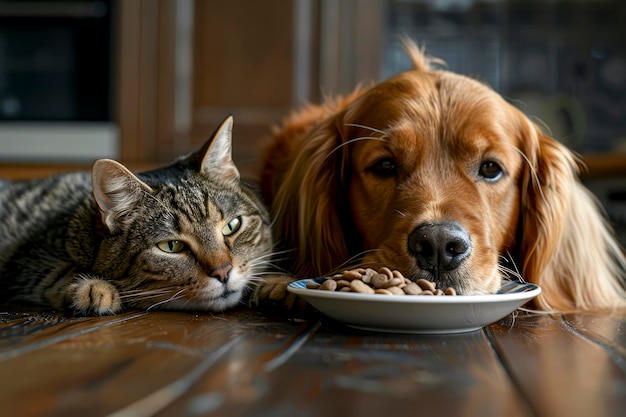 Photo paws and claws furry friends dining together in the kitchen