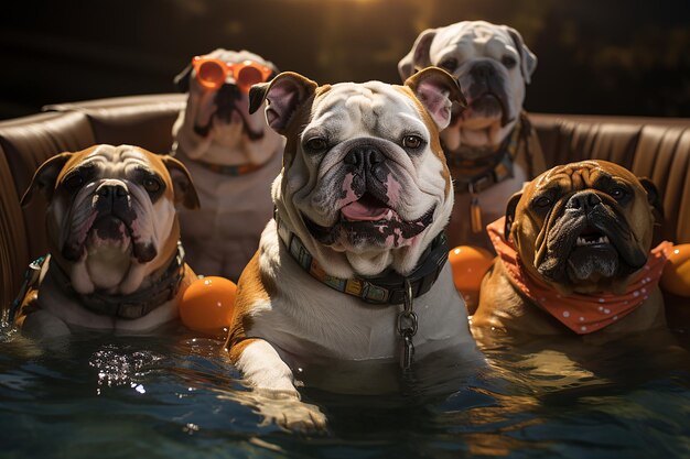 Photo paws and floats bulldog lounging with poolside pals