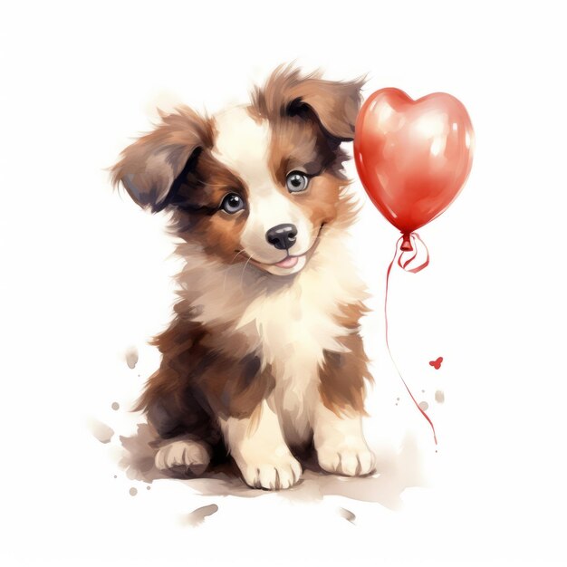 Photo pawsitively adorable watercolor border collie pup holding heart balloon sweet anime style in natu