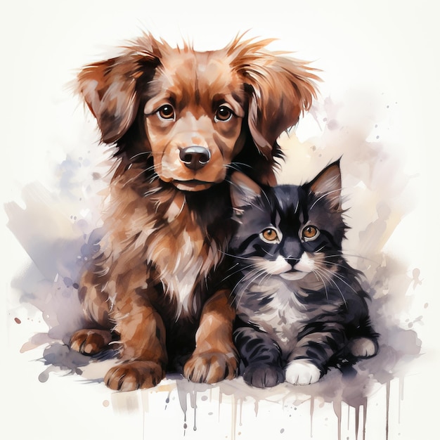 心を温める猫と犬の愛を描いた可愛らしい気まぐれな水彩画イラスト