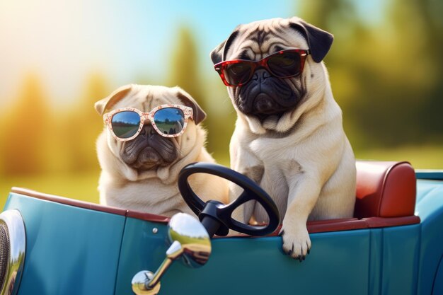 Foto pawsitively hilarity pug e cat in cool shades cruise in giro in una toy car su uno sfondo blu chiaro