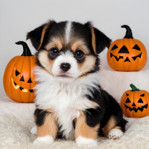 Pawsitively spooky cute adorable puppy's halloween costume on a white bacground