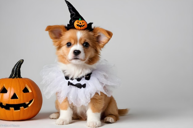 Pawsitively spooky cute adorable puppy's halloween costume on a white bacground