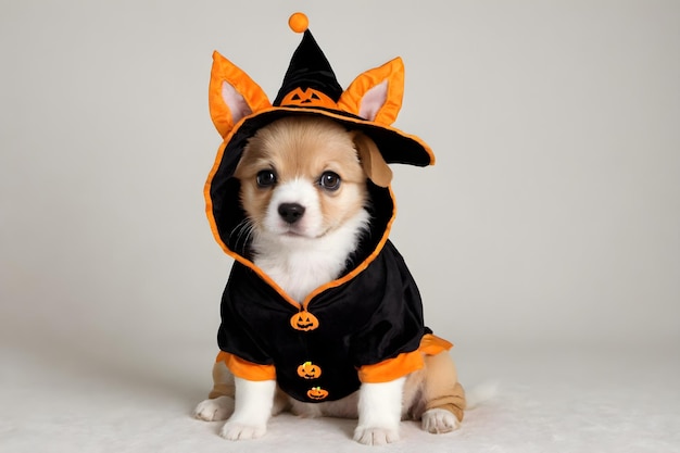 Pawsitively spooky cute adorable puppy's halloween costume on a white bacground