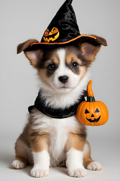 Костюм Хэллоуина лапасто-жутким милым очаровательным щенком на белом фоне