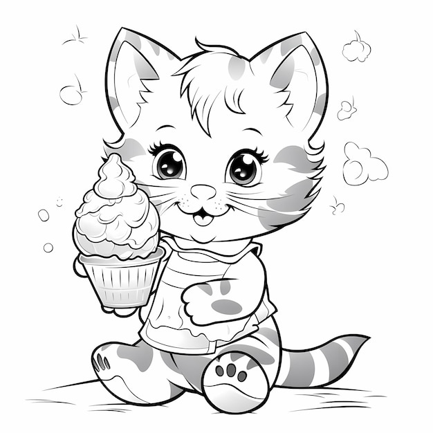 Foto pawsome ice cream adventure cute cat kleurplaat in cartoon stijl afdrukbaar