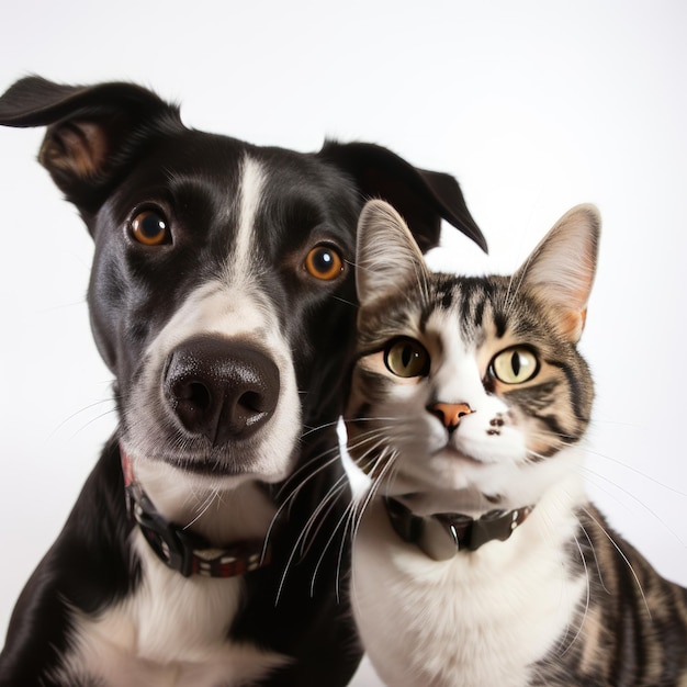 Pawsome Pals A Whimsical Selfie of a Dog and Cat Against a Blank Canvas