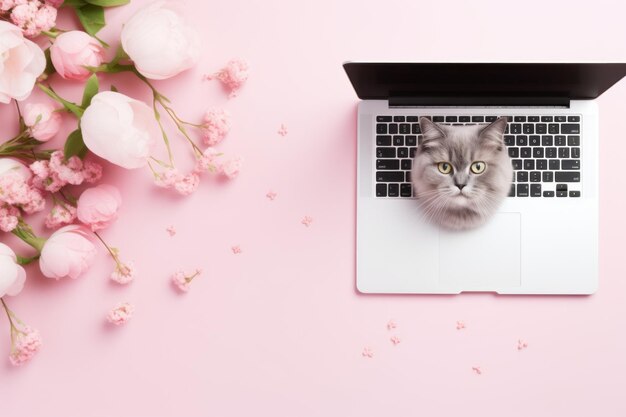 Pawsome Productivity A Cat's Perspective on Home Business and Technology with Flower and Laptop on