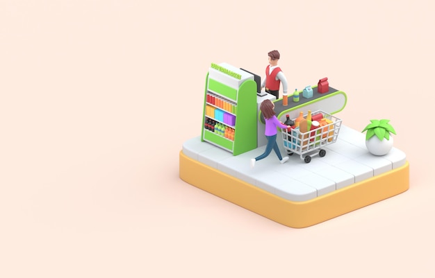 Paying at the supermarket 3d illustration