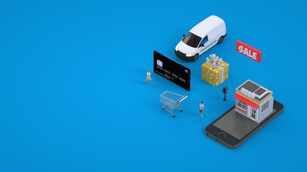 Payment by card for online purchases. Online shopping via smartphone. Payment by card. 3D graphics