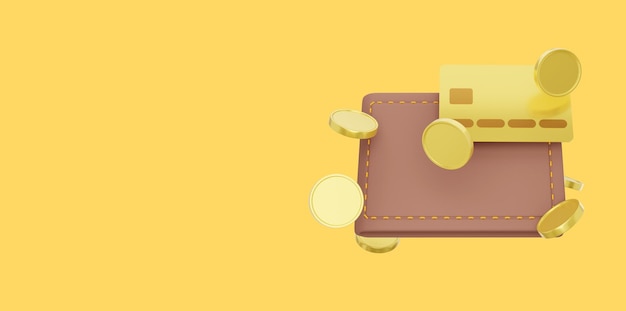 Payment concept Closed wallet with credit card and flying coins on yellow background Savings enrichment icon 3d rendering