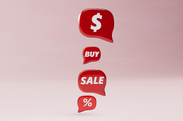 Photo payment for goods online. red buttons with the inscription buy, sale, percentage and dollar