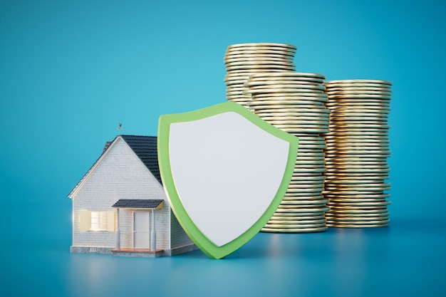 Payment for home insurance A house stacks of coins and an icon with space for text 3D render