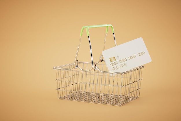 Оплата покупок кредитной картой в корзине, в которой кредитная карта 3D визуализирует