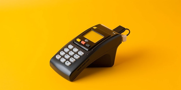 Foto terminale di pagamento con ricevuta su sfondo giallo ai generativo