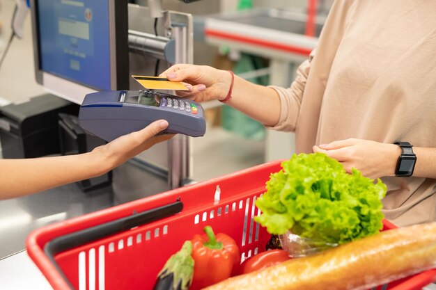 Payment with credit card in supermarket