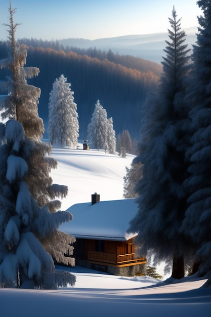 paysage sapins chalet ffroid winter snow