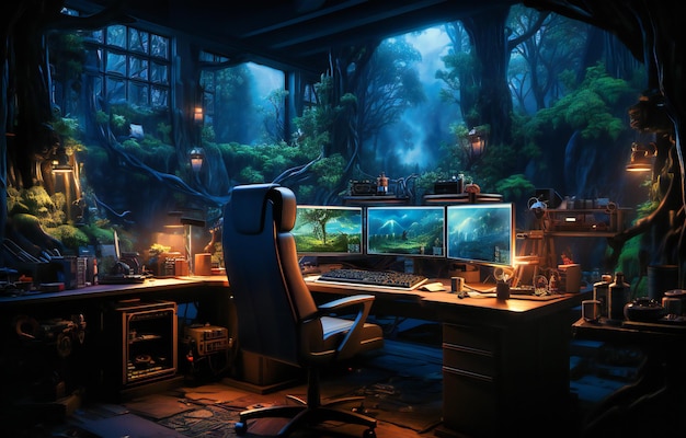 A pc desk in a dark room with three monitors