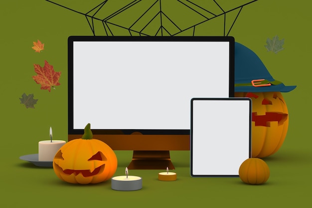 Foto lato anteriore di pc e tablet in sfondo a tema halloween