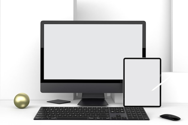 Lato anteriore di pc e tablet su sfondo bianco