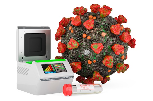PCR-test voor COVID19-concept PCR thermal cycler met virus 3D-weergave