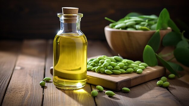 Photo pea essential oil closeup on a wooden table