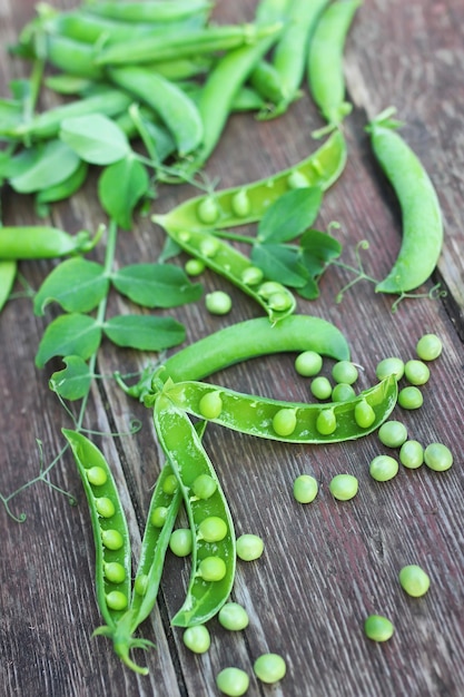 pea pod on the wooden background