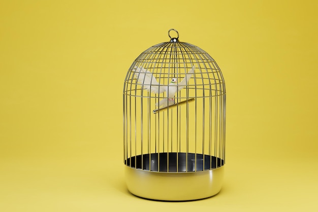 A peace dove with an olive twig in its beak sits in a closed cage on a yellow background 3D render