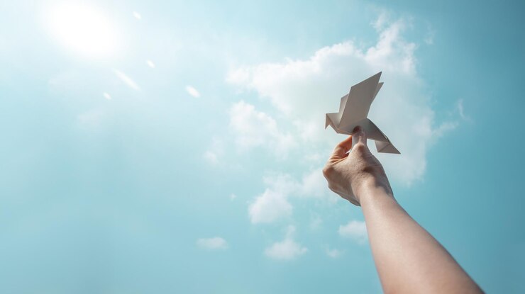 Peace Hope concepts World International Peace Day Sustainable and Responsible Business Hand Raise up a Paper Origami White Dove into the Sky