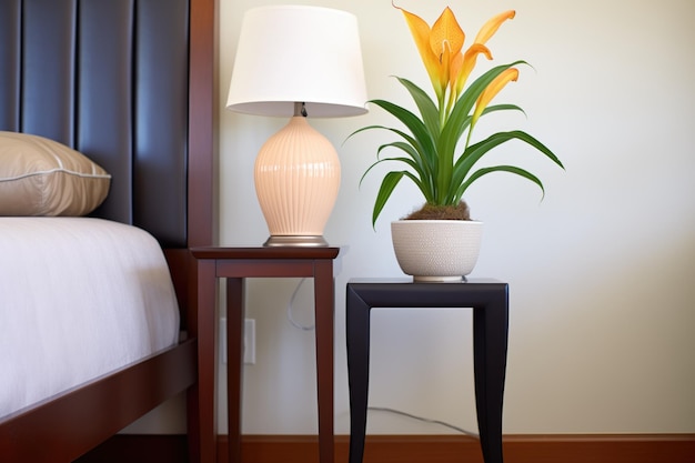 Peace lily in a ceramic pot on a bedroom nightstand