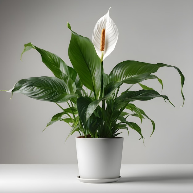 ピース・リリー (Peace Lily) は灰色の背景の白いポットに植えられた植物です